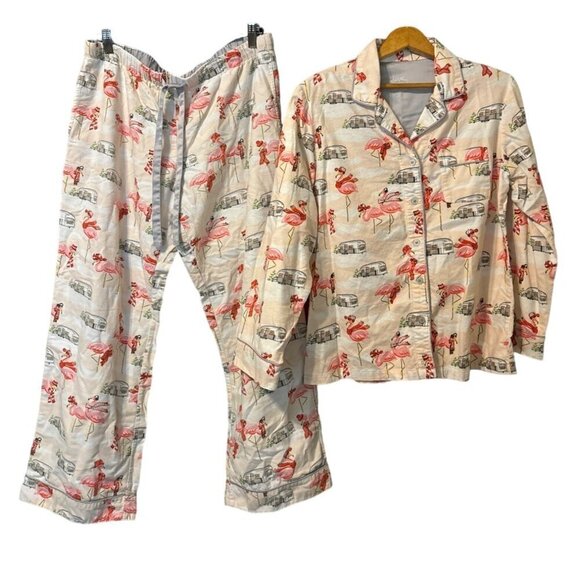 Nick & Nora Pink Flamingo Airstream Flannel Pajamas Top MED Pants LARGE READ!! - Picture 1 of 13